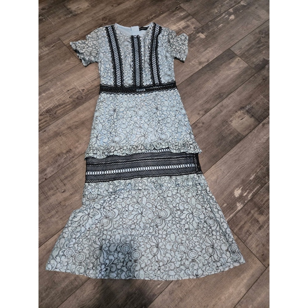 Pretty Little Thing Dusty Blue Lace Ruffle Detail Midi Dress Sz 4